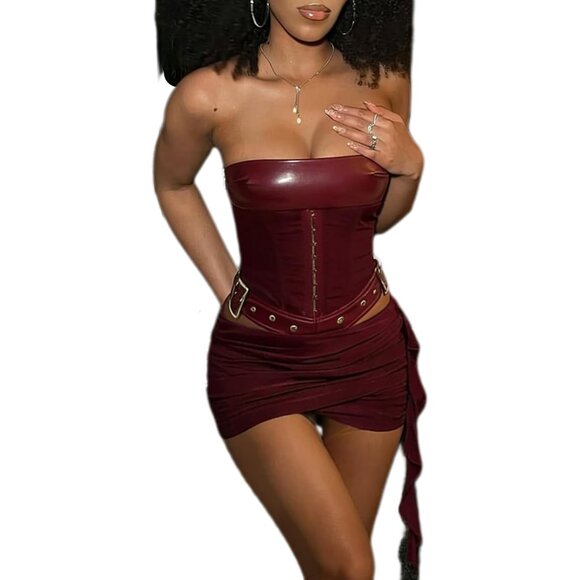 Women’s 2 Piece Leather Set Off Shoulder Crop Top & High Waist Ruch Mini Skirt